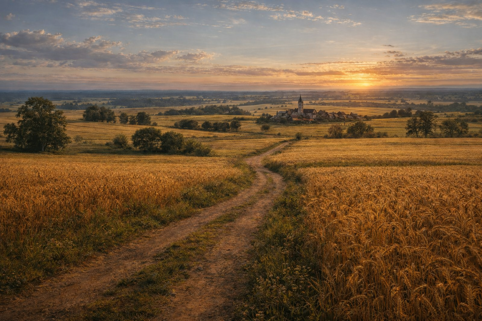 Golden wheat fields stretching toward distant hills.