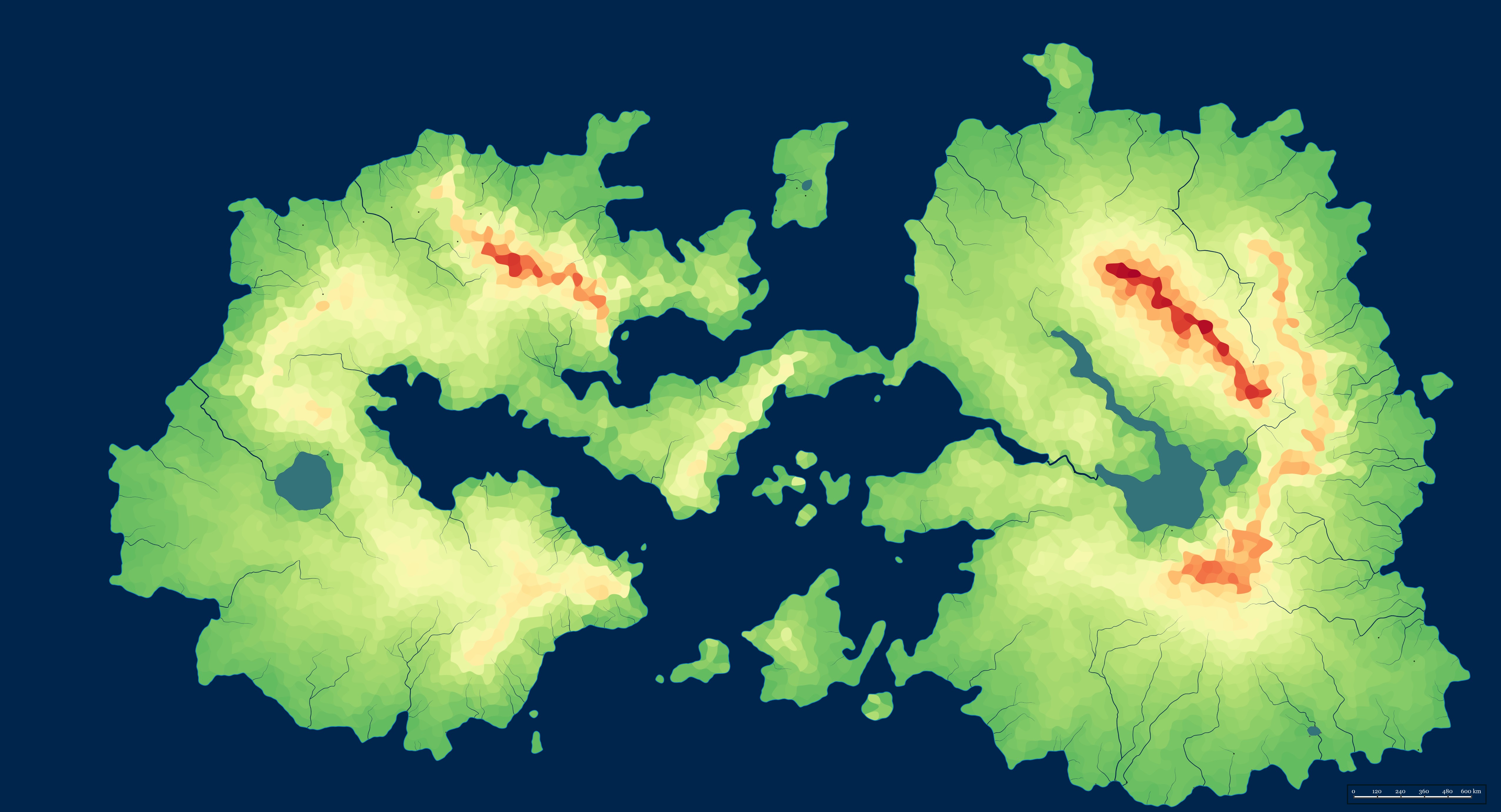 Terrain and river map of Aletheia showing elevation patterns and major waterways.